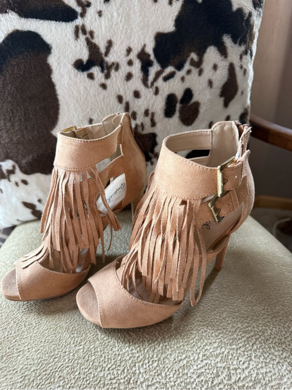 Qupid Tan Fringe Peep-Toe High Heel Sandals